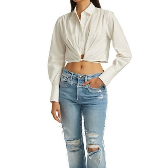 Frame White Cropped Wrap Tie Shirt  Button Up Blouse Size Small NWT Cotton - Picture 4 of 11